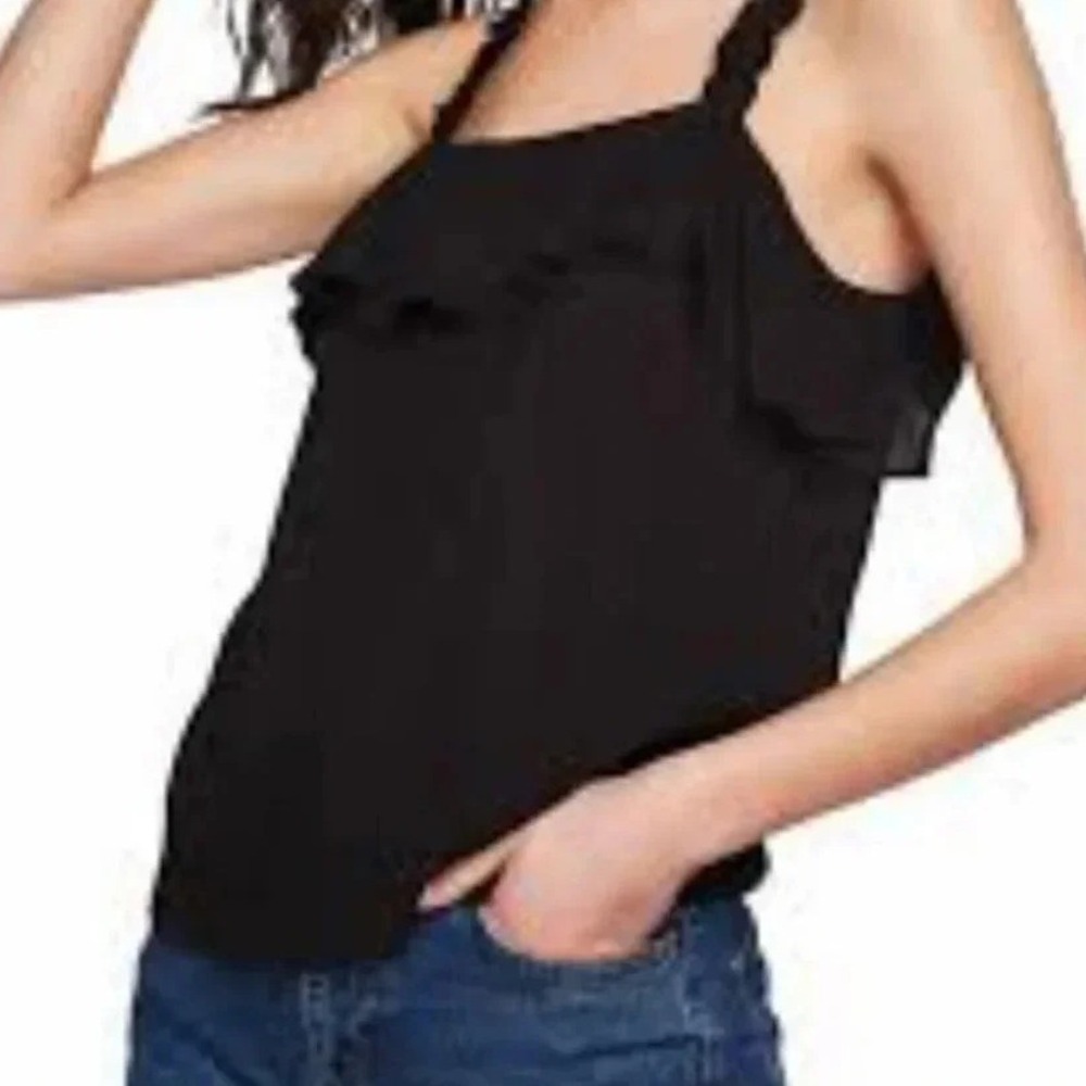1. STATE 2X hyper tropic black sleeveless ruffled‎ square neck top NWT